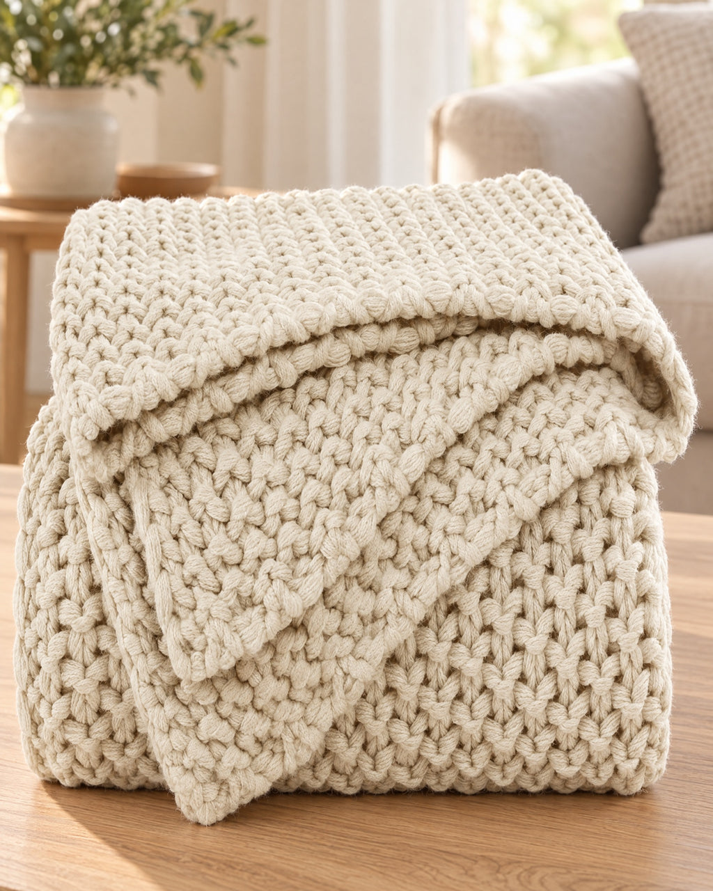 Waffle Knit Throw Blanket, Cream, All-Season folded into a stack, showing its thickness