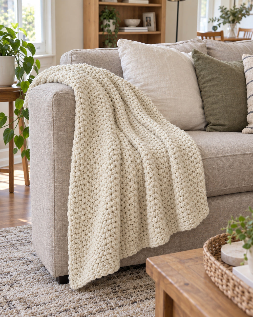 Waffle Knit Throw Blanket, Cream, All-Season in a real home