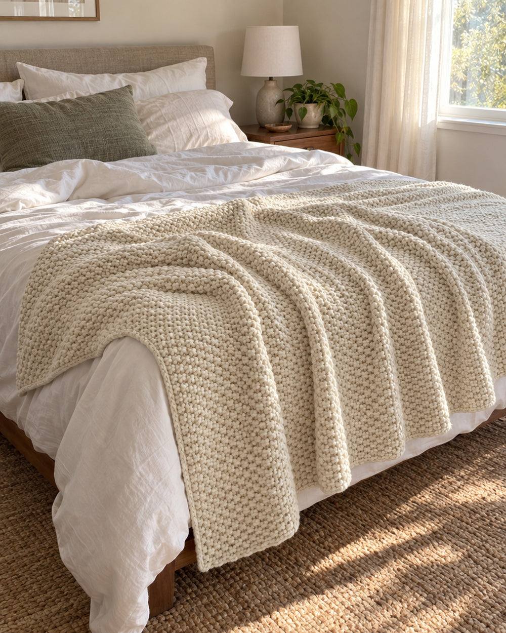 Waffle Knit Throw Blanket, Cream, All-Season in a real home