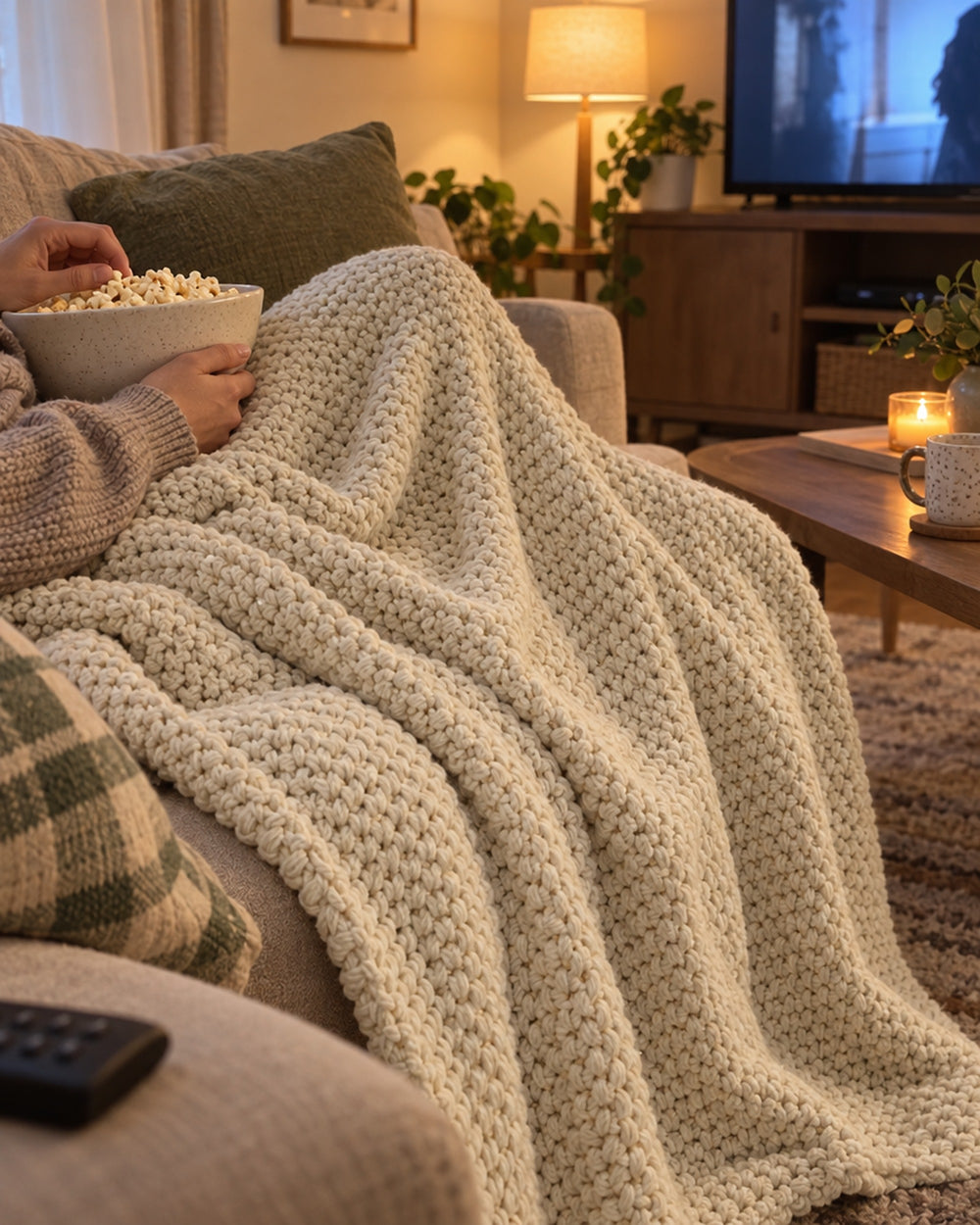 Waffle Knit Throw Blanket, Cream, All-Season in a real home