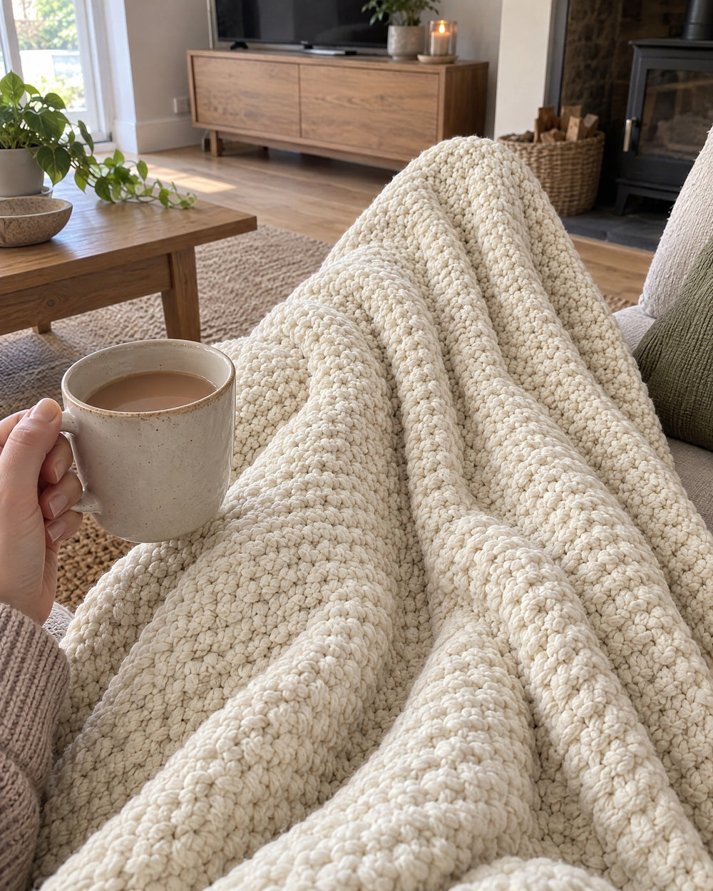 Waffle Knit Throw Blanket, Cream, All-Season in a real home