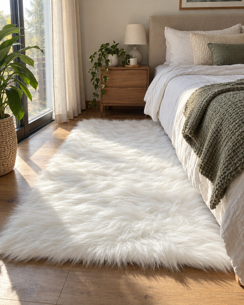 White Faux Sheepskin Area Rug in a real home
