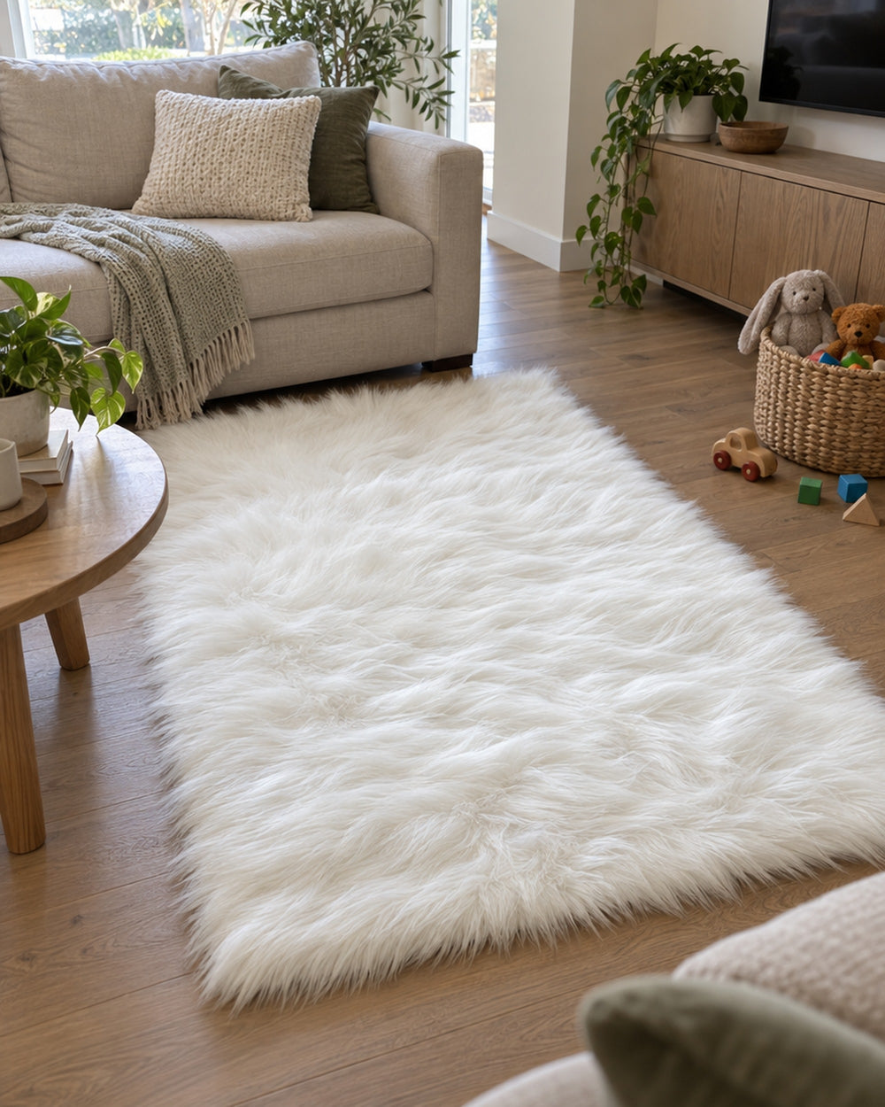 White Faux Sheepskin Area Rug in a real home