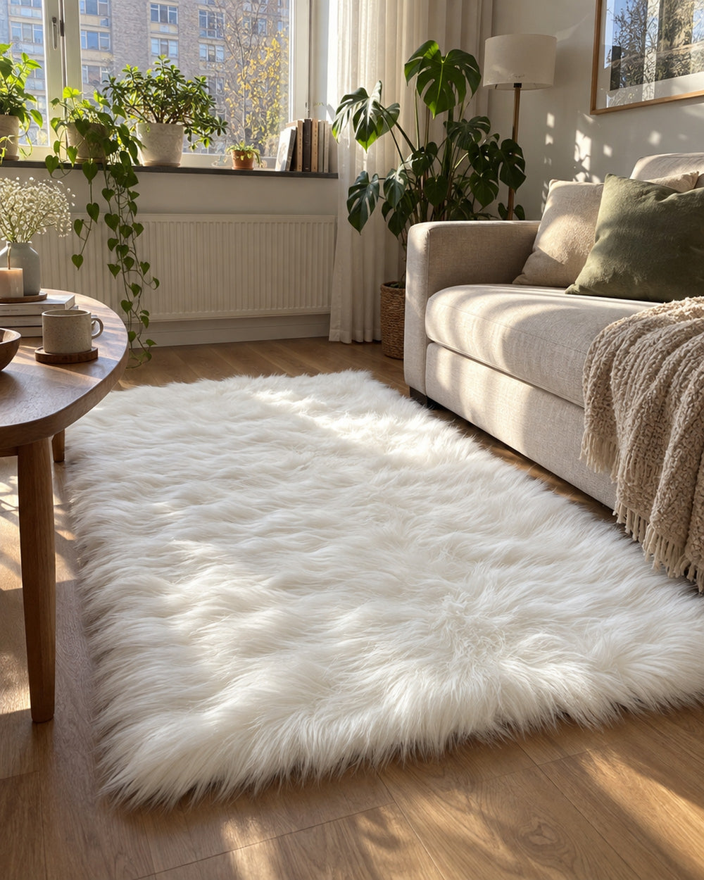 White Faux Sheepskin Area Rug in a real home