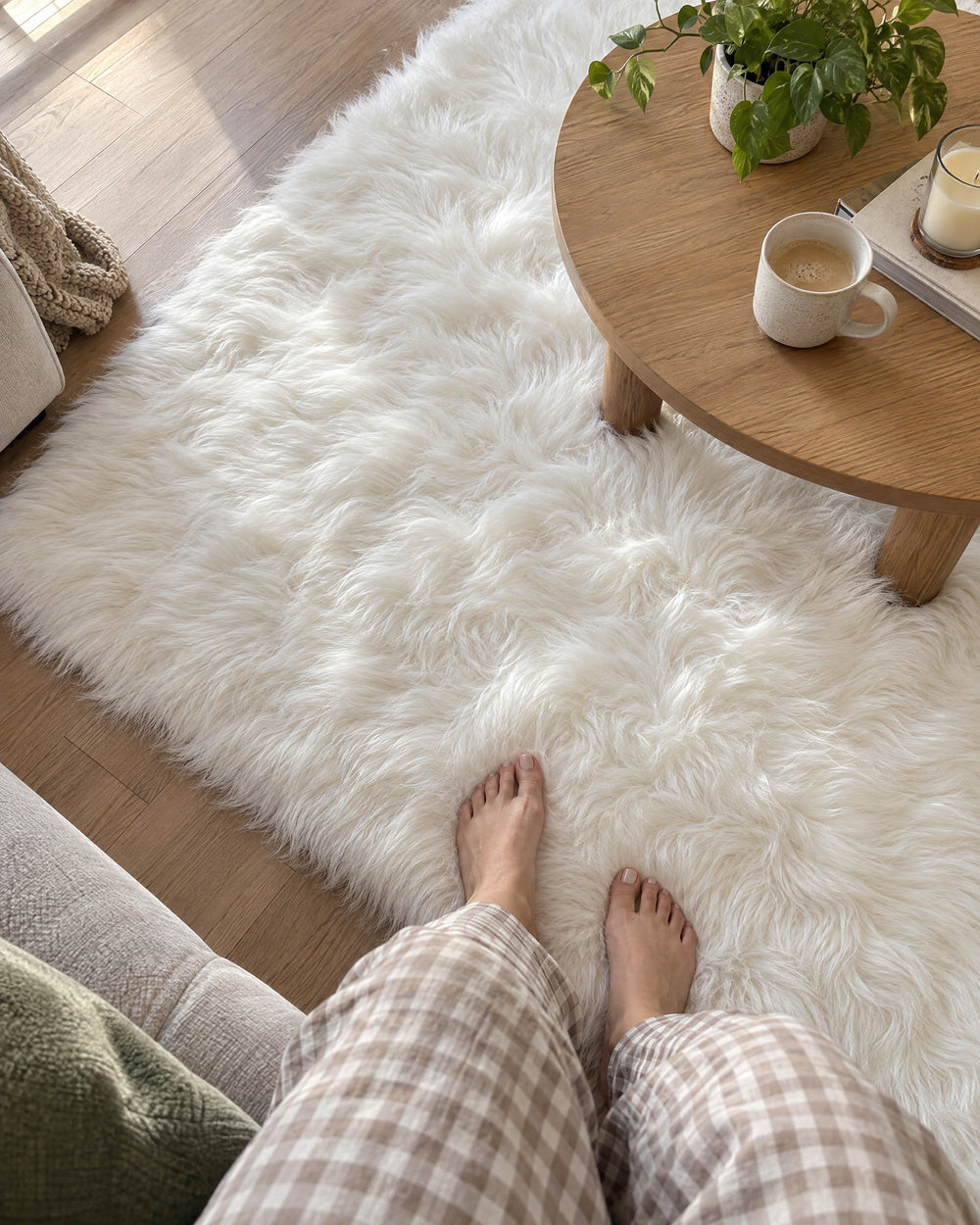 White Faux Sheepskin Area Rug, Washable in a real home, in use