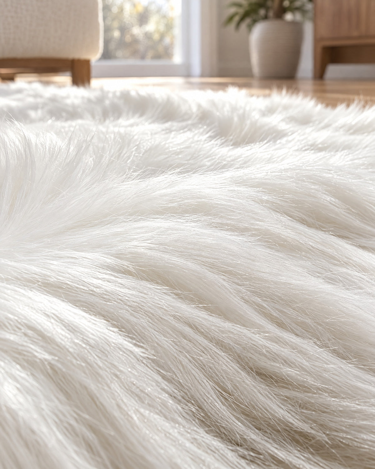 Close-up of the fur pile of the White Faux Sheepskin Area Rug, Washable