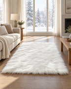 White Faux Sheepskin Area Rug, Washable shown in proportion to the furniture around it