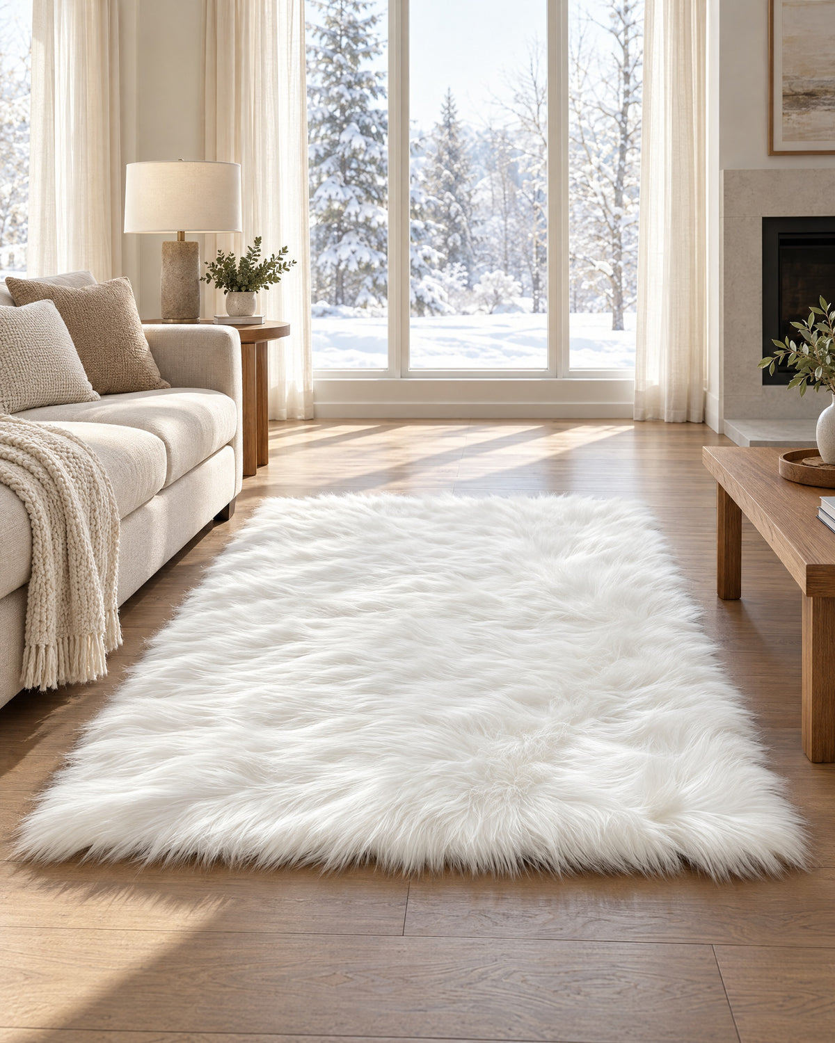 White Faux Sheepskin Area Rug, Washable shown in proportion to the furniture around it