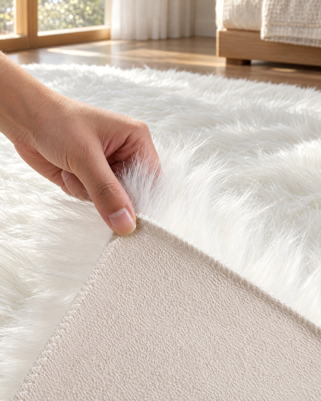 Corner lifted to show the suede non-slip backing of the White Faux Sheepskin Area Rug, Washable