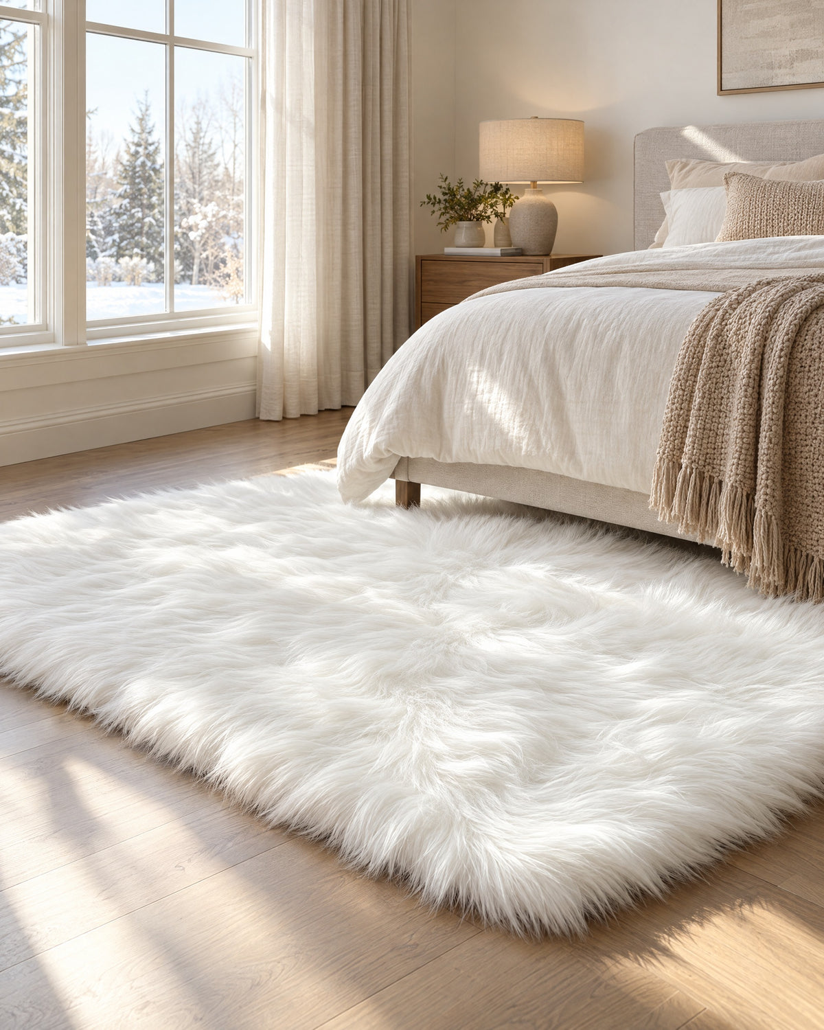 The wider 3.9 x 5.9 ft size of the White Faux Sheepskin Area Rug, Washable in a bedroom