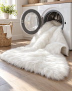 The White Faux Sheepskin Area Rug, Washable going into a washing machine
