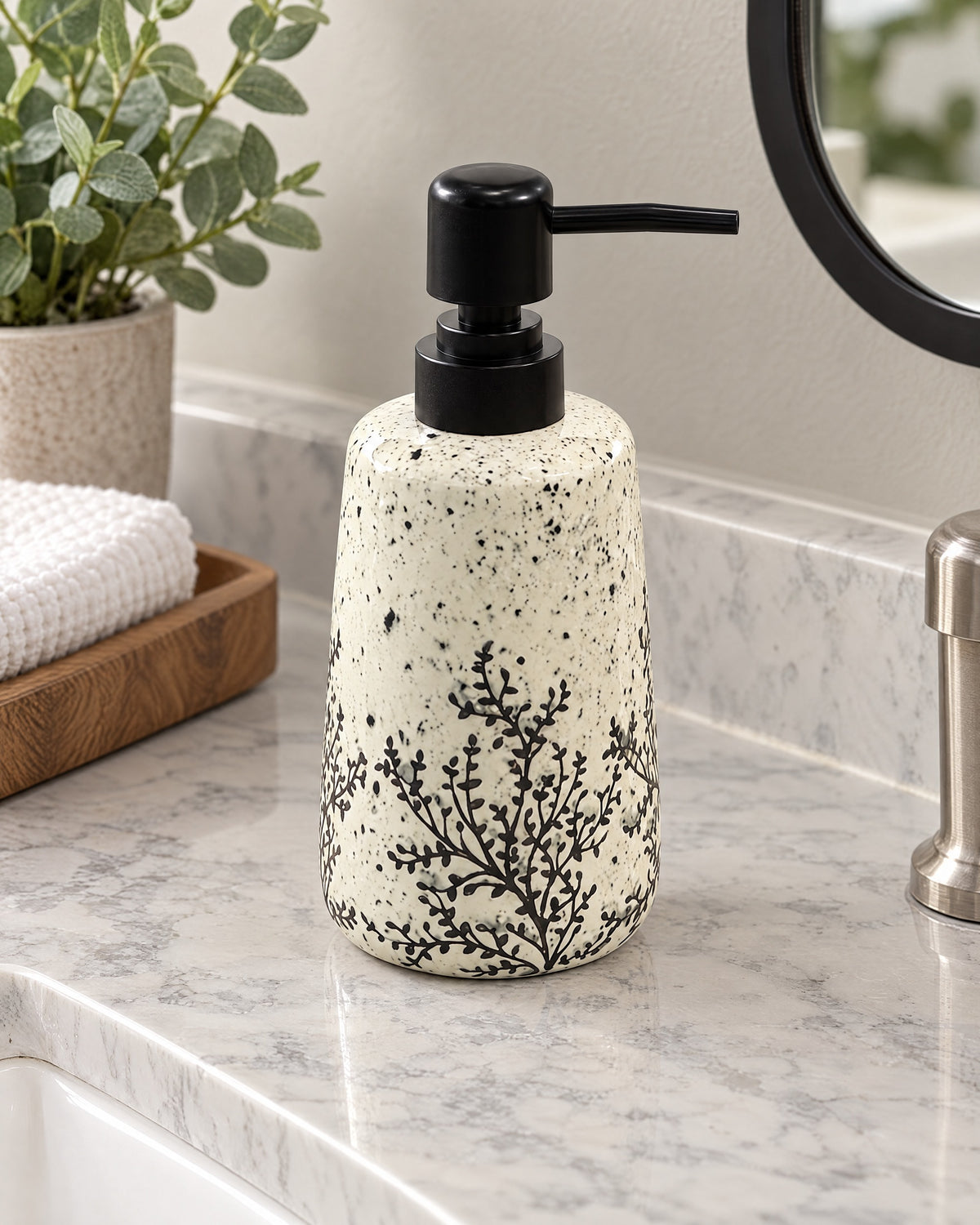White Soap Dispenser, Speckled Ceramic, Black Pump, 11 oz on a bathroom vanity in soft daylight