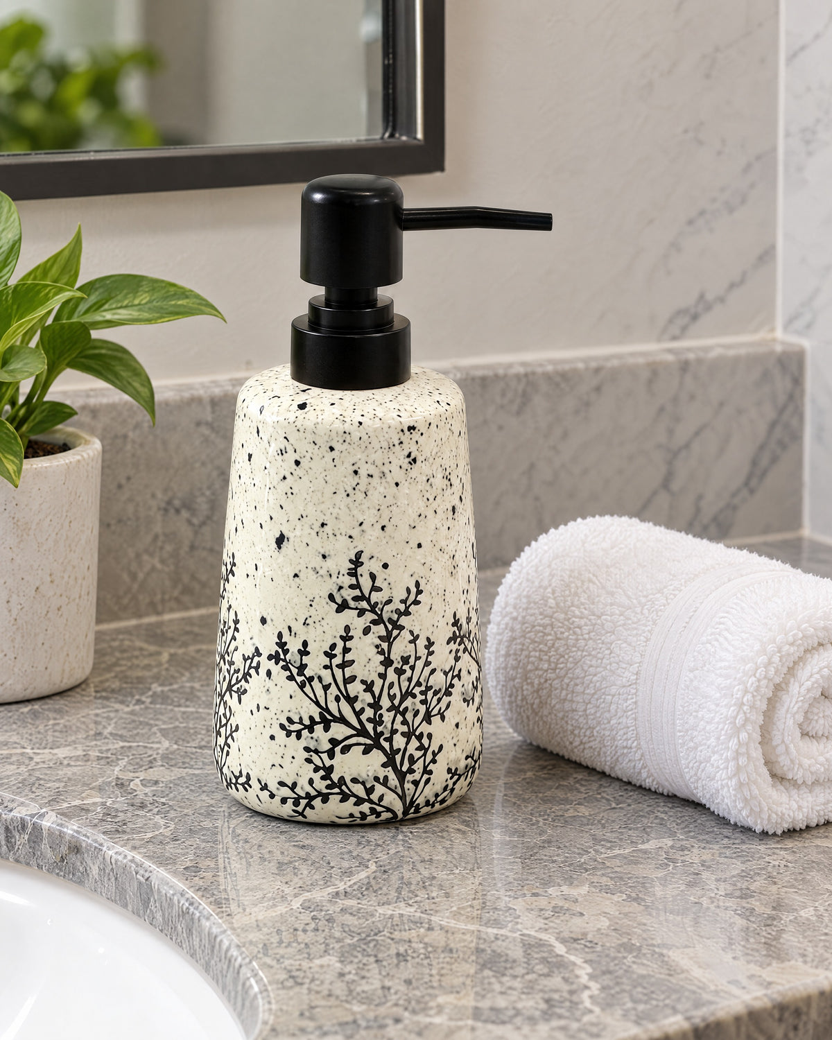 White Soap Dispenser, Speckled Ceramic, Black Pump, 11 oz shown at true scale on a countertop