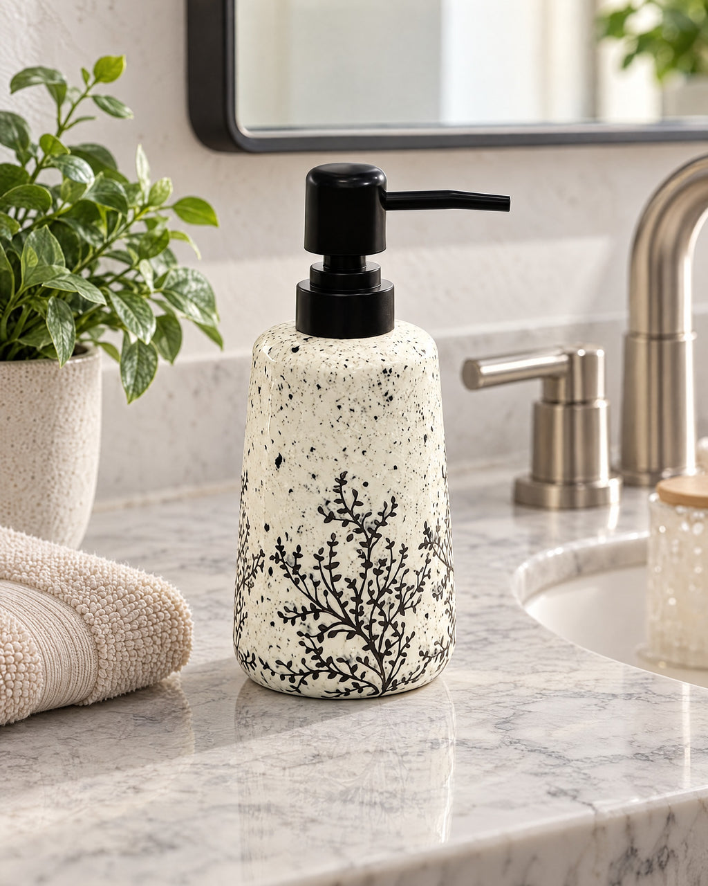 White Soap Dispenser, Speckled Ceramic, Black Pump, 11 oz styled on a bathroom counter