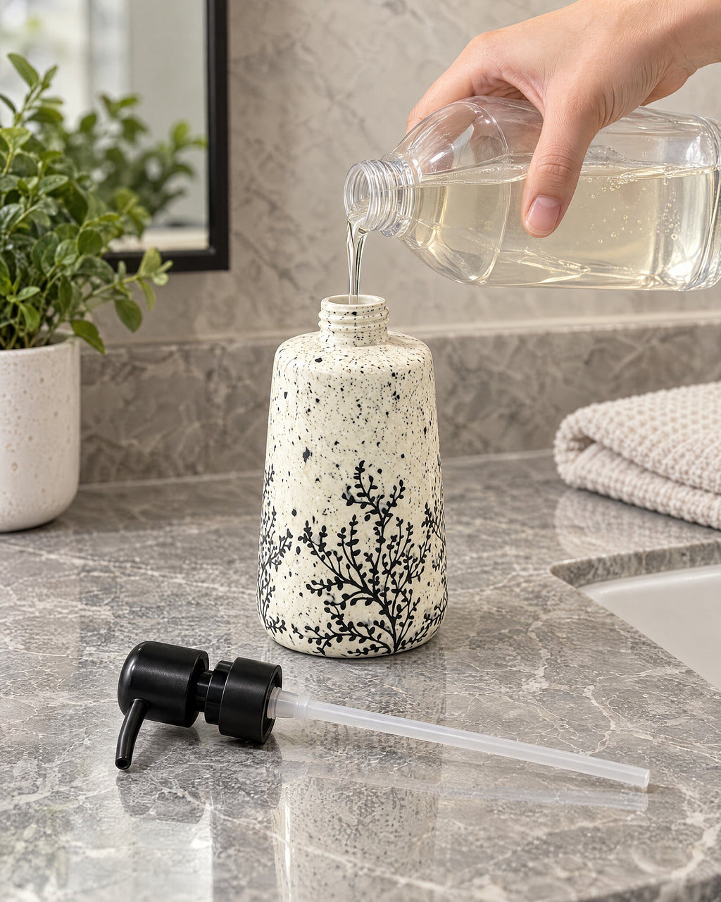 The White Soap Dispenser, Speckled Ceramic, Black Pump, 11 oz being refilled, pump set aside