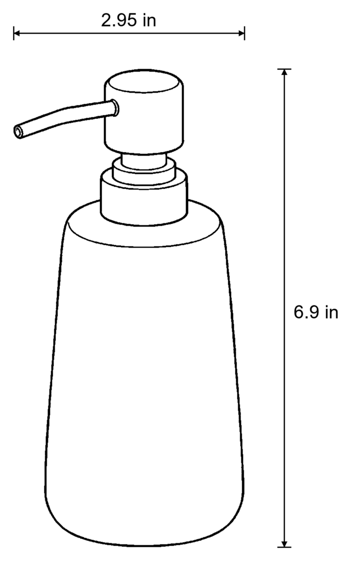 Dimensions sketch of the Off-White Speckled Ceramic Soap Dispenser, Black Pump, 11 oz with measurements