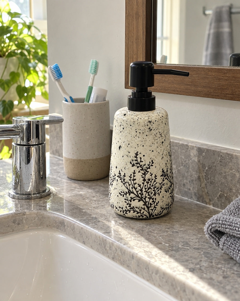 White Soap Dispenser, Speckled Ceramic, Black Pump, 11 oz in a real home