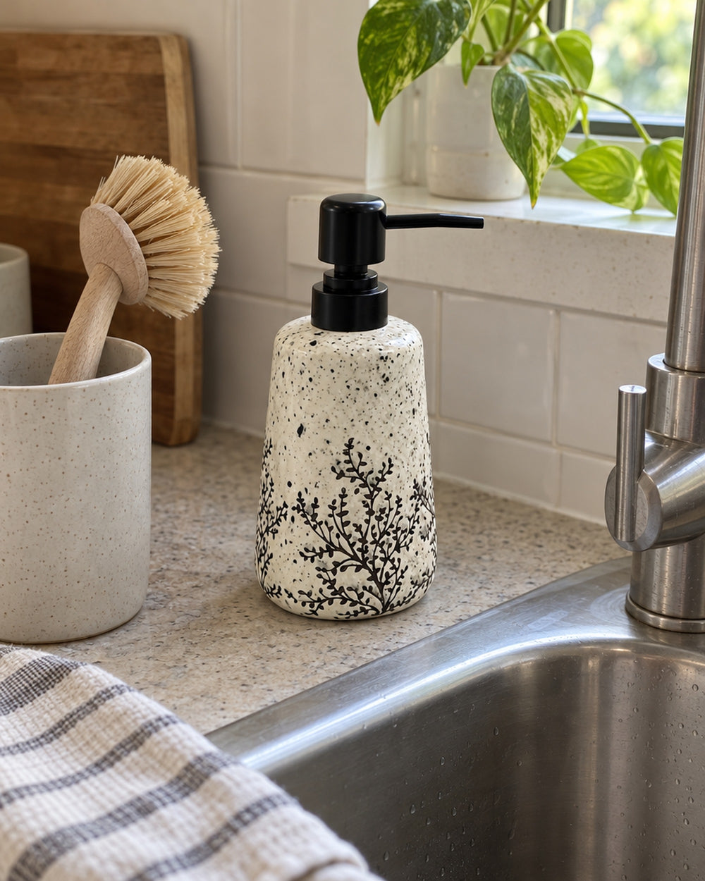 White Soap Dispenser, Speckled Ceramic, Black Pump, 11 oz in a real home