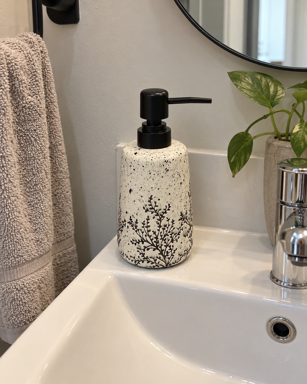 White Soap Dispenser, Speckled Ceramic, Black Pump, 11 oz in a real home