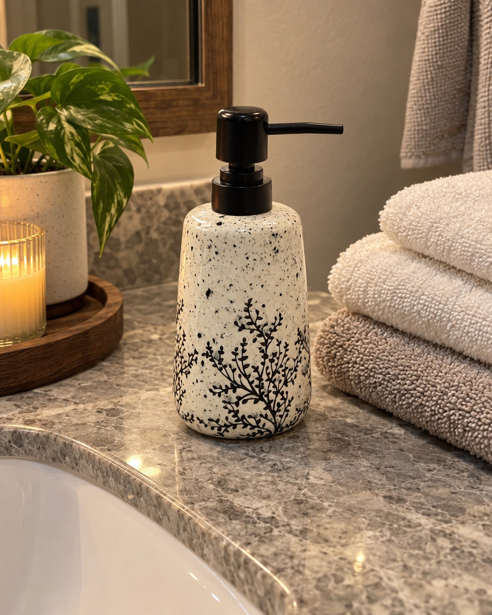 White Soap Dispenser, Speckled Ceramic, Black Pump, 11 oz in a real home