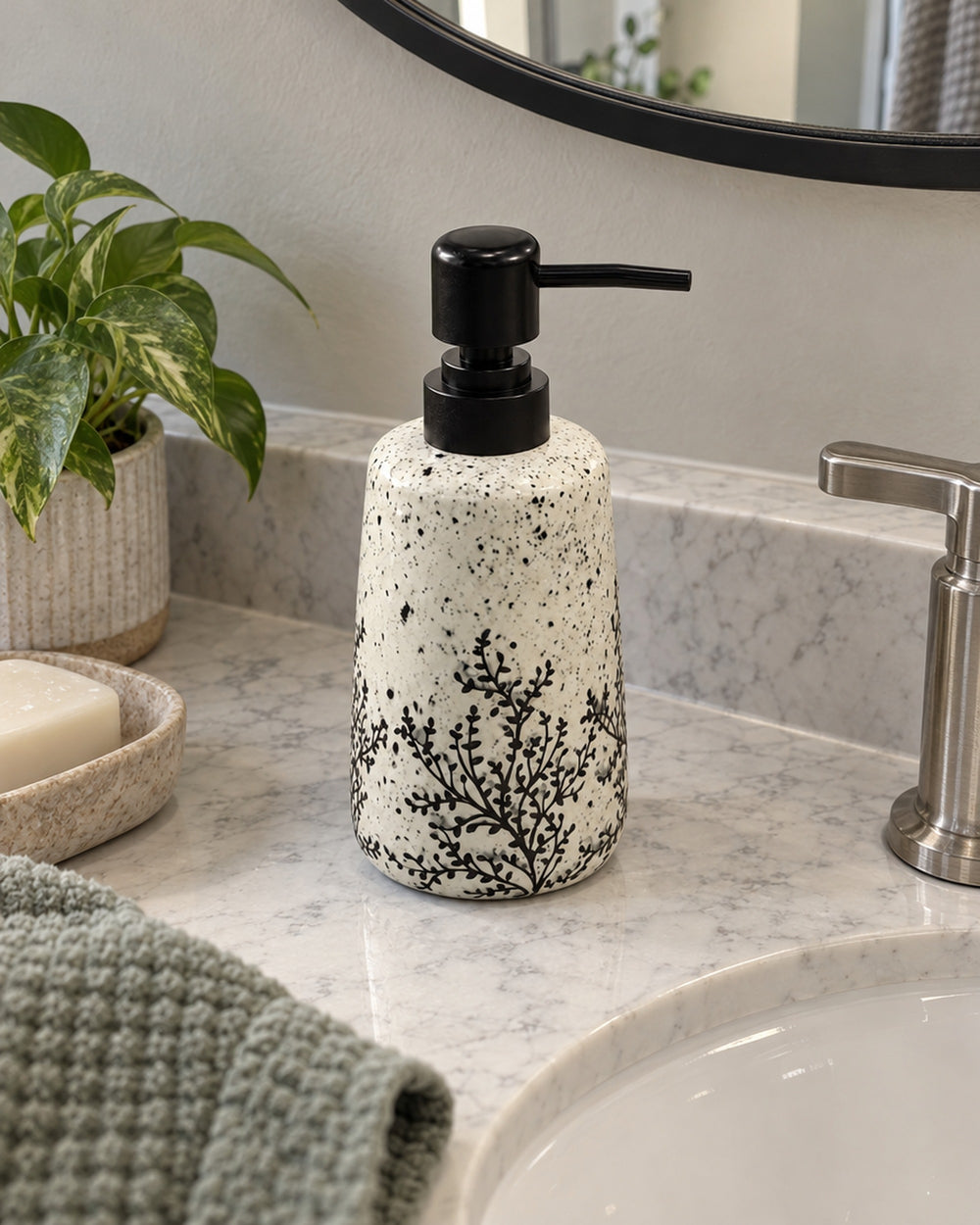 Off-White Speckled Ceramic Soap Dispenser, Black Pump, 11 oz in a real home